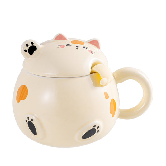 Whimsy Calico Cat 15oz Mug With Lid and Spoon