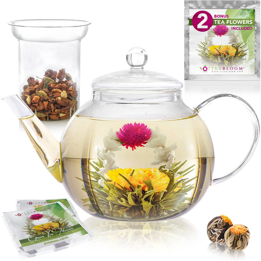 Teabloom Celebration Stovetop & Microwave Safe Glass Teapot