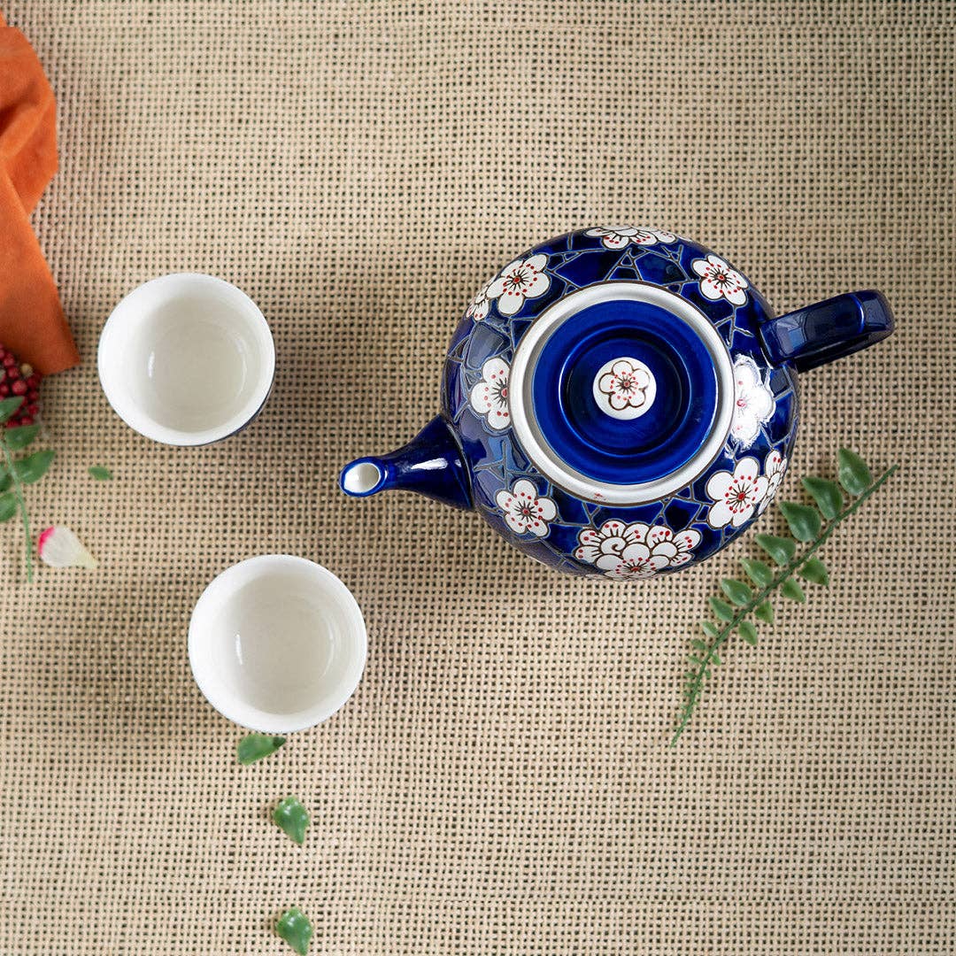Ume Plum Blossoms Blue Tea Set 26oz Tea Pot with 2 Cups