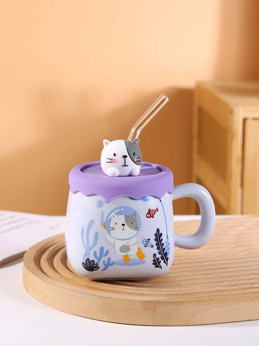 Cat Diving 13oz Mug With Lid and Straw