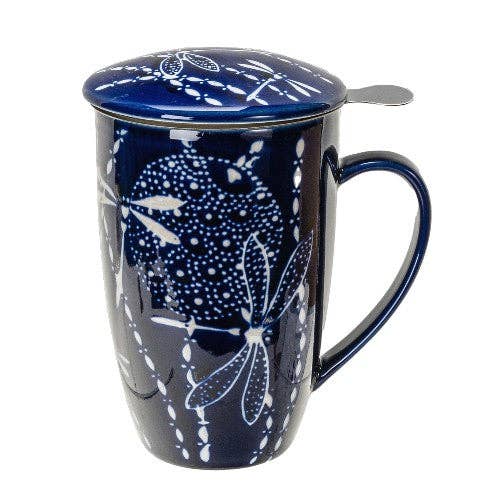 Dragonfly Design 15oz Tea Mugs with Lid and Infuser for Loose Leaf Tea