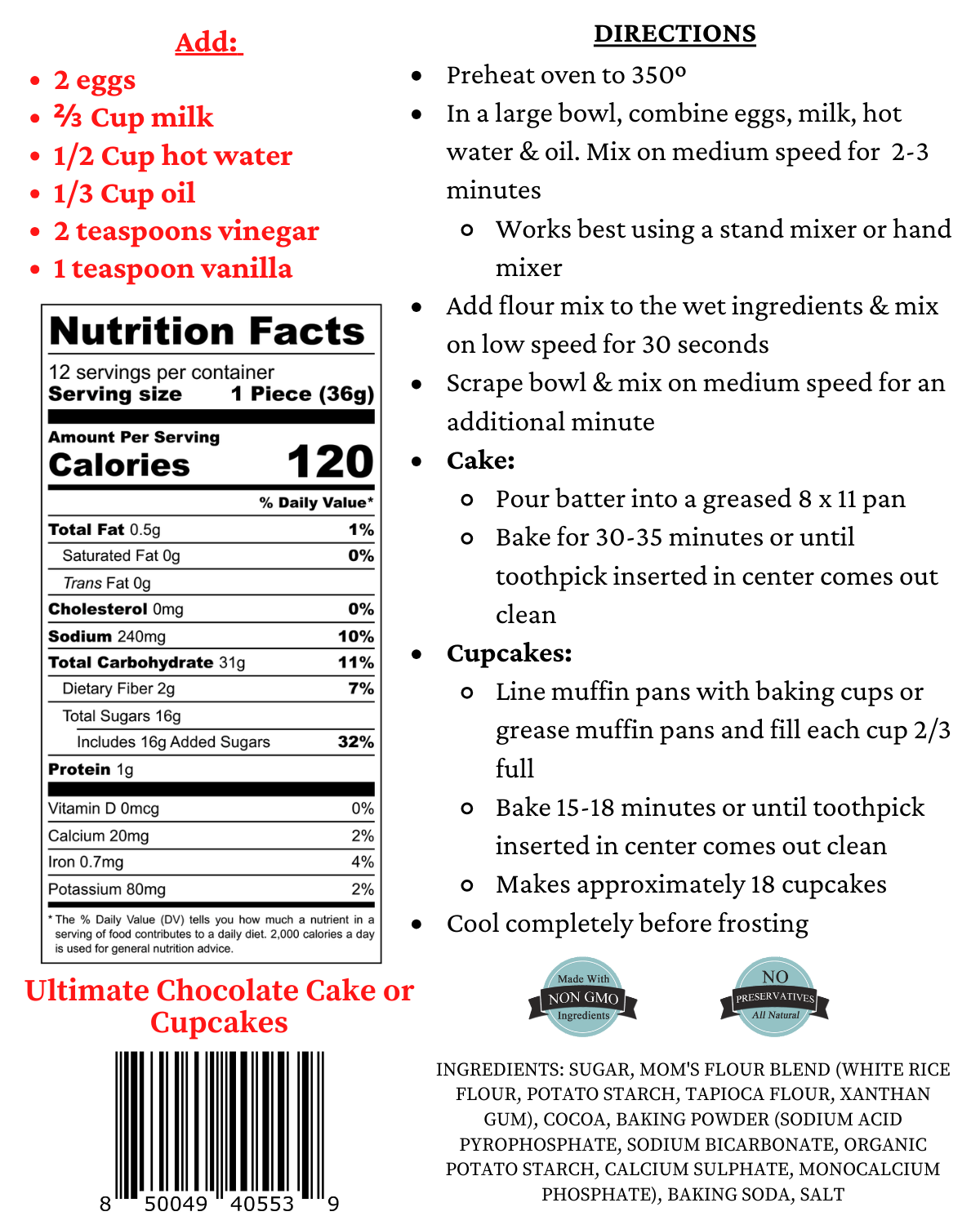 Gluten-Free Ultimate Chocolate Cake or Cupcake Mix