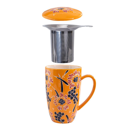 Yellow Flower Design 15oz Tea Mugs with Lid and Infuser