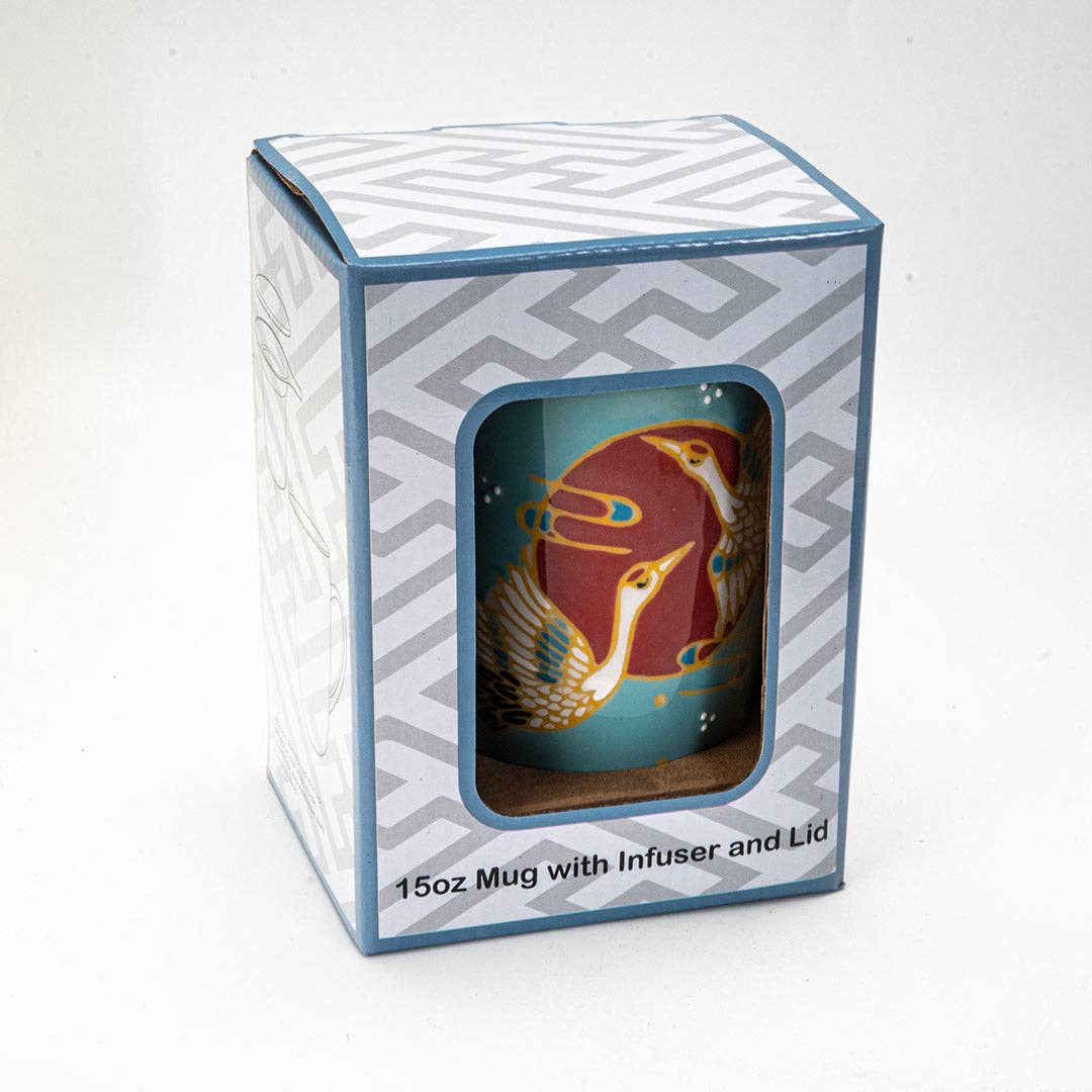 Japanese Crane Design 15oz Tea Mug with Lid and Infuser for Loose Leaf Tea