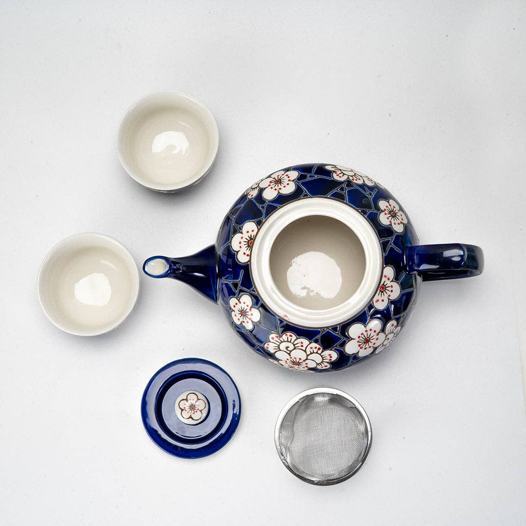 Ume Plum Blossoms Blue Tea Set 26oz Tea Pot with 2 Cups