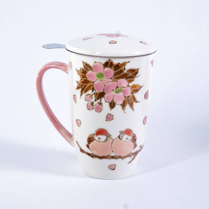 Twin Sparrows Cherry Blossoms Design 15oz Tea Mugs with Lid and Infuser