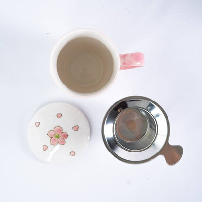 Twin Sparrows Cherry Blossoms Design 15oz Tea Mugs with Lid and Infuser