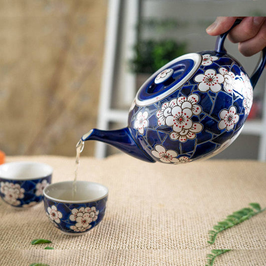 Ume Plum Blossoms Blue Tea Set 26oz Tea Pot with 2 Cups
