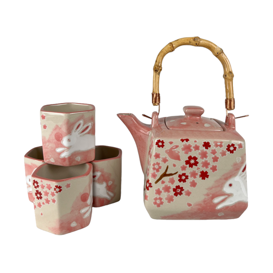 Sakura Cherry Blossoms Rabbit Tea Set 20oz Tea Pot with 4 Hexagon Cups
