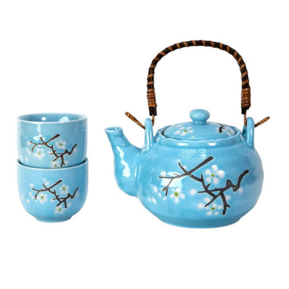 Blue Sakura Cherry Blossoms Tea Set 22oz Tea Pot with 2 Cups