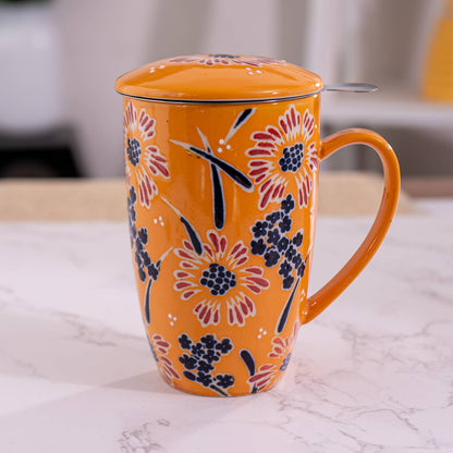 Yellow Flower Design 15oz Tea Mugs with Lid and Infuser