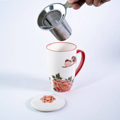 Twin Sparrows & Peony 15oz Tea Mugs with Lid and Infuser