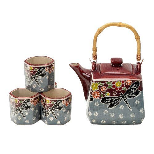 Dragonfly Tombo Design Tea Set 20oz Tea Pot with 4 Hexagon Cups