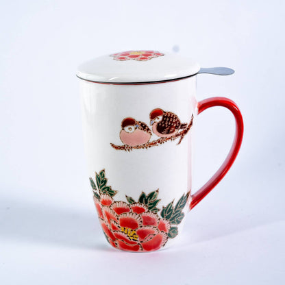 Twin Sparrows & Peony 15oz Tea Mugs with Lid and Infuser