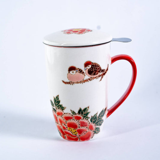 Twin Sparrows & Peony 15oz Tea Mugs with Lid and Infuser