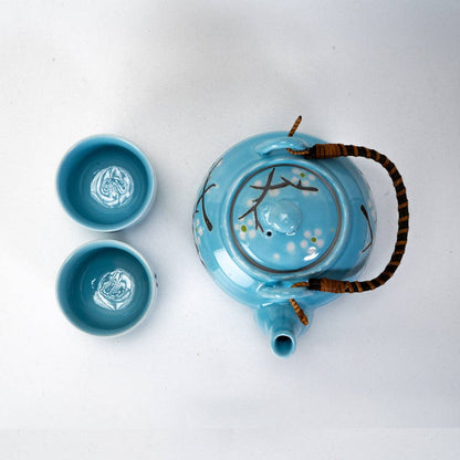 Blue Sakura Cherry Blossoms Tea Set 22oz Tea Pot with 2 Cups