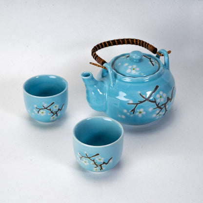 Blue Sakura Cherry Blossoms Tea Set 22oz Tea Pot with 2 Cups