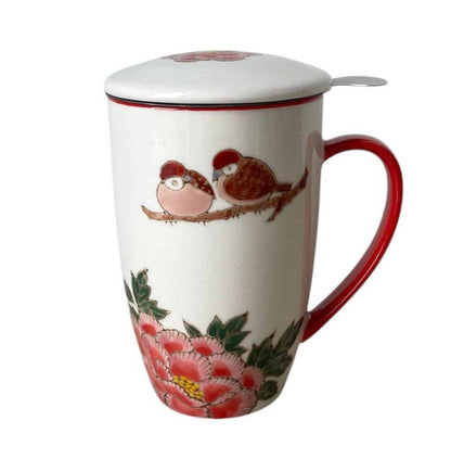 Twin Sparrows & Peony 15oz Tea Mugs with Lid and Infuser