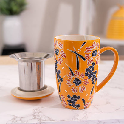 Yellow Flower Design 15oz Tea Mugs with Lid and Infuser