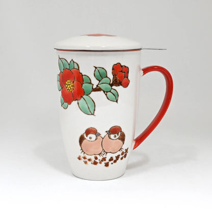 Twin Sparrows Tsubaki Camellia Design 15oz Tea Mugs with Lid and Infuser