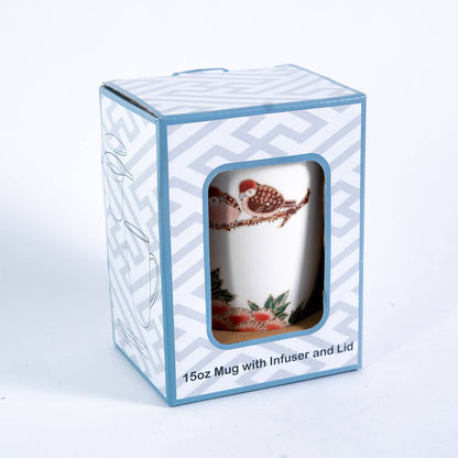 Twin Sparrows & Peony 15oz Tea Mugs with Lid and Infuser