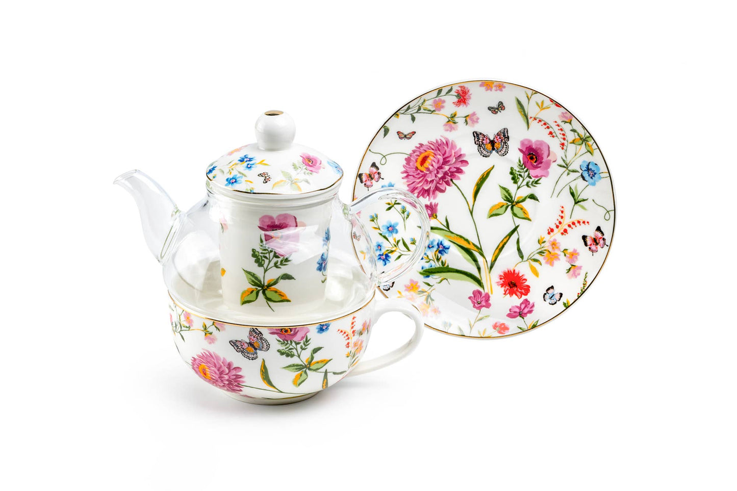 Butterfly Garden Glass and Fine Porcelain Tea For One Set