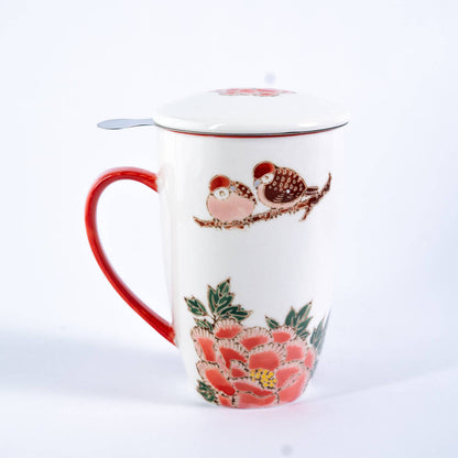 Twin Sparrows & Peony 15oz Tea Mugs with Lid and Infuser