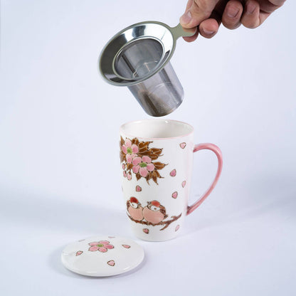 Twin Sparrows Cherry Blossoms Design 15oz Tea Mugs with Lid and Infuser