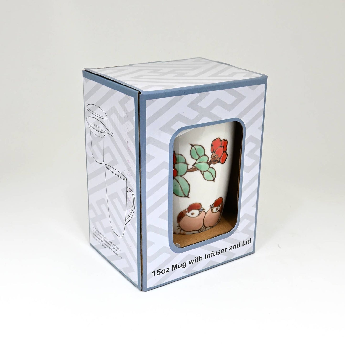 Twin Sparrows Tsubaki Camellia Design 15oz Tea Mugs with Lid and Infuser