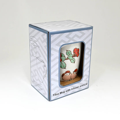 Twin Sparrows Tsubaki Camellia Design 15oz Tea Mugs with Lid and Infuser
