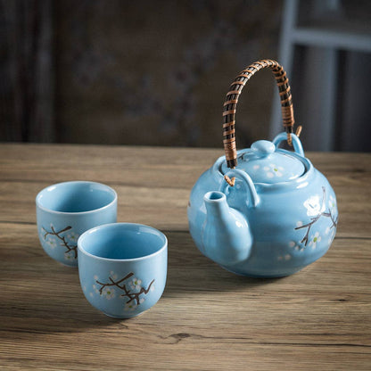 Blue Sakura Cherry Blossoms Tea Set 22oz Tea Pot with 2 Cups