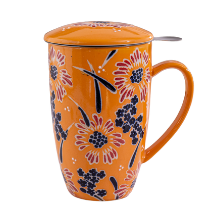 Yellow Flower Design 15oz Tea Mugs with Lid and Infuser