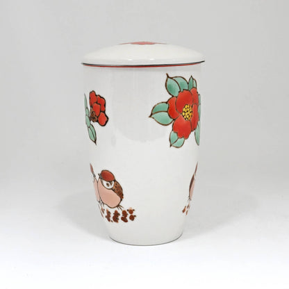 Twin Sparrows Tsubaki Camellia Design 15oz Tea Mugs with Lid and Infuser