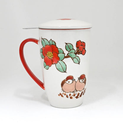 Twin Sparrows Tsubaki Camellia Design 15oz Tea Mugs with Lid and Infuser