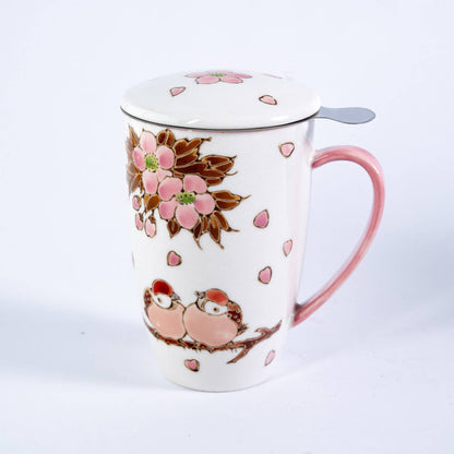 Twin Sparrows Cherry Blossoms Design 15oz Tea Mugs with Lid and Infuser