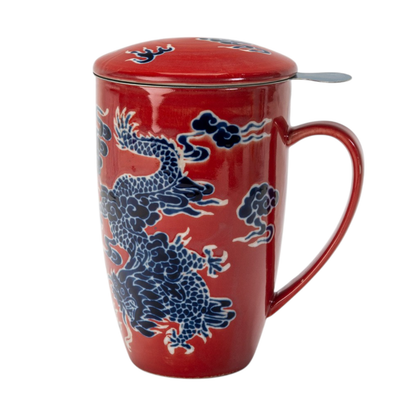 Oriental Dragon Design 15oz Tea Mugs with Lid and Infuser for Loose Leaf Tea