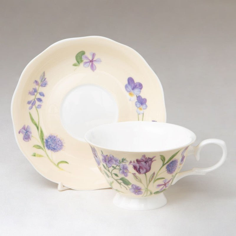 Bone China Purple Flower Yellow Tea Cups and Saucers