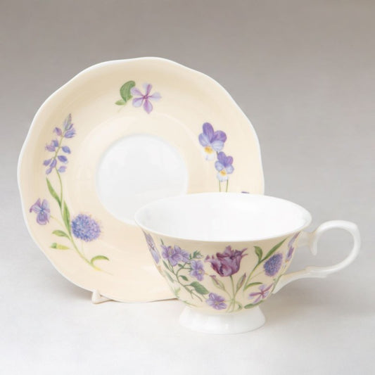 Bone China Purple Flower Yellow Tea Cups and Saucers