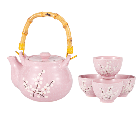 Pink Ume Plum Blossoms Tea Set 27oz Tea Pot with 4 Cups