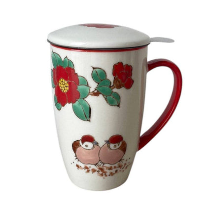 Twin Sparrows Tsubaki Camellia Design 15oz Tea Mugs with Lid and Infuser