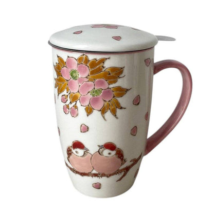 Twin Sparrows Cherry Blossoms Design 15oz Tea Mugs with Lid and Infuser