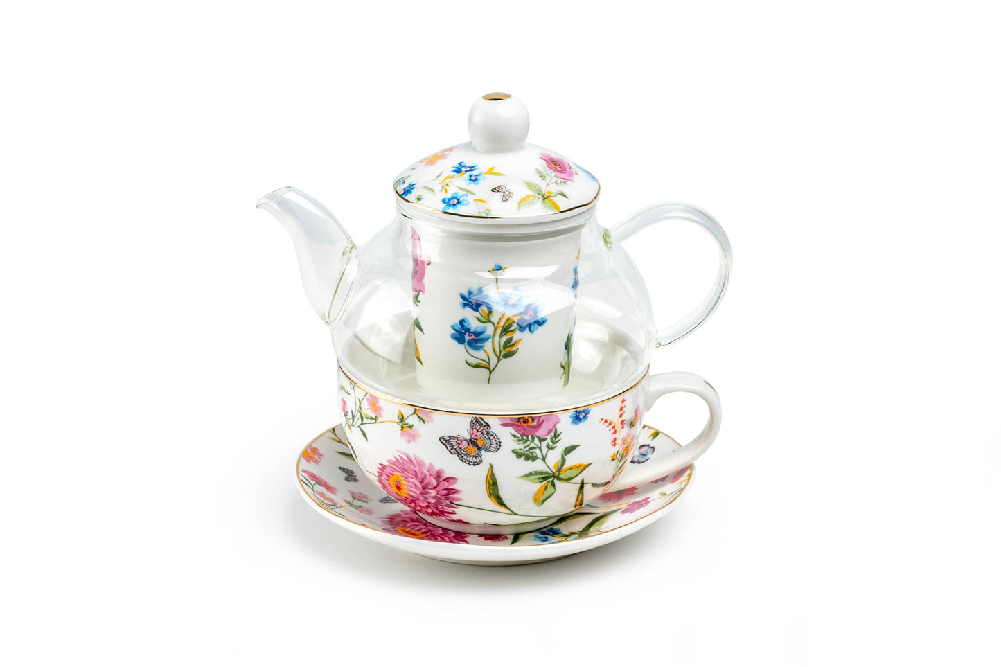 Butterfly Garden Glass and Fine Porcelain Tea For One Set