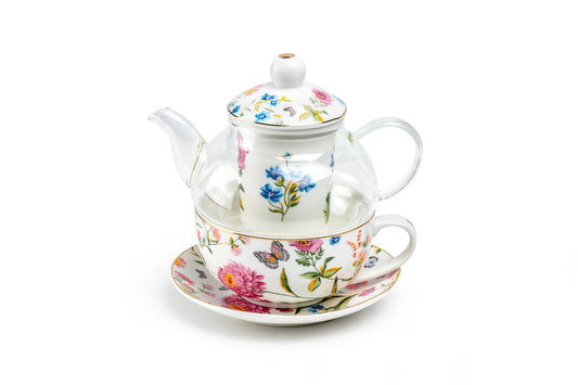 Butterfly Garden Glass and Fine Porcelain Tea For One Set