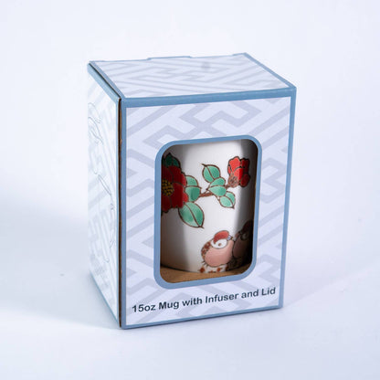 Twin Sparrows Cherry Blossoms Design 15oz Tea Mugs with Lid and Infuser