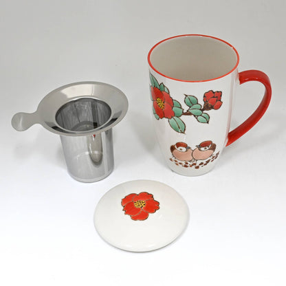 Twin Sparrows Tsubaki Camellia Design 15oz Tea Mugs with Lid and Infuser