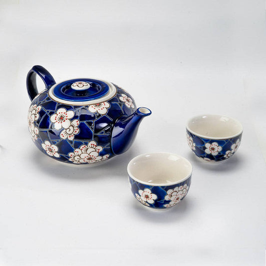 Ume Plum Blossoms Blue Tea Set 26oz Tea Pot with 2 Cups