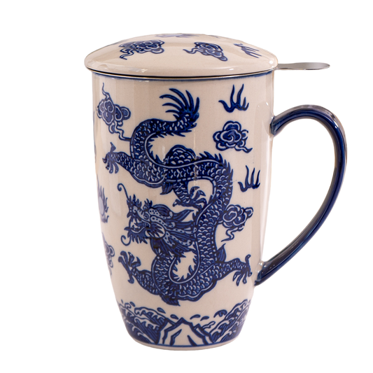 Oriental Ryu Dragon Design 15oz Tea Mugs with Lid and Infuse